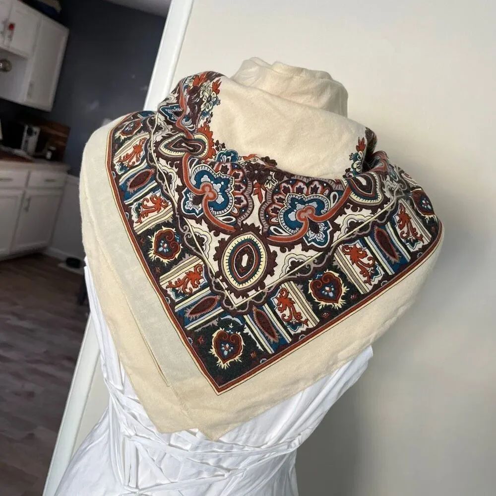 VTG Boho Paisley Border Scarf Cream Brown Blue Ultra Soft 28”